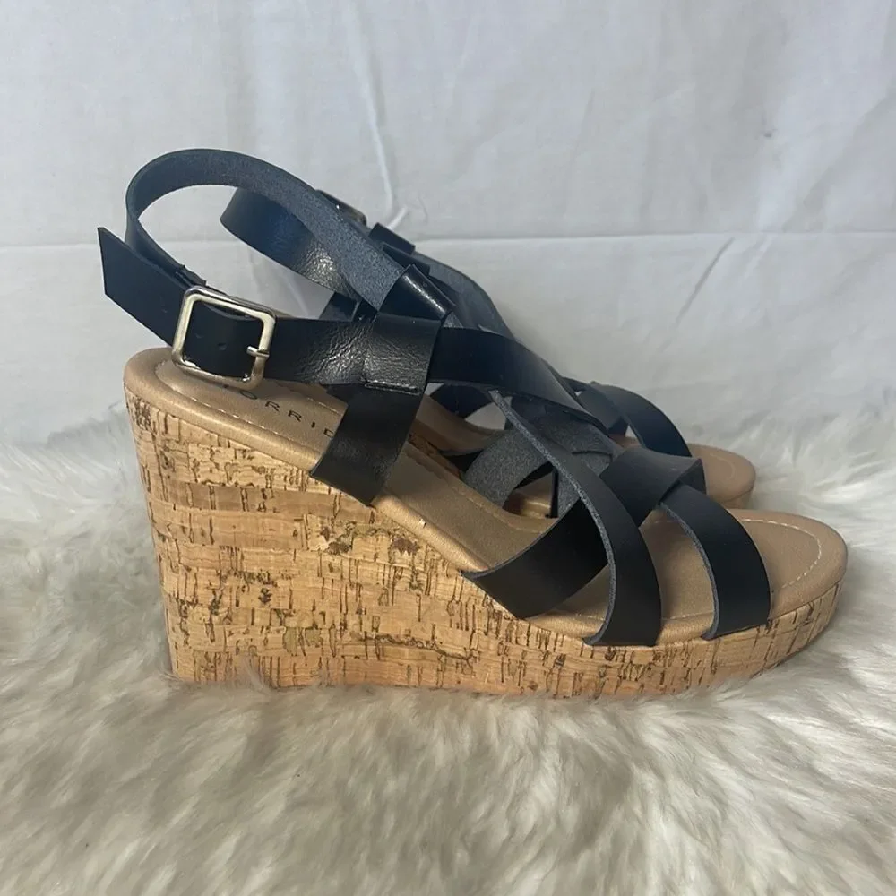 Torrid Black Vegan Leather Gladiator Cork Wedge‎ Sandals Sz 8.5 WIDE